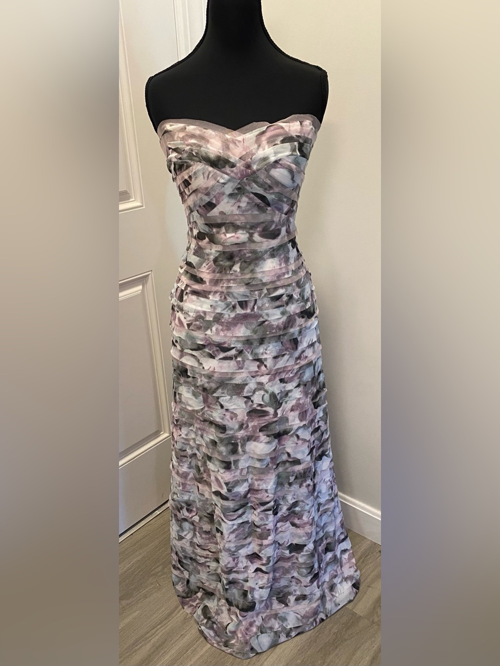 BCBG MaxAzria Strapless Lavender and Gray Watercolor Ruched Maxi Dress Gown